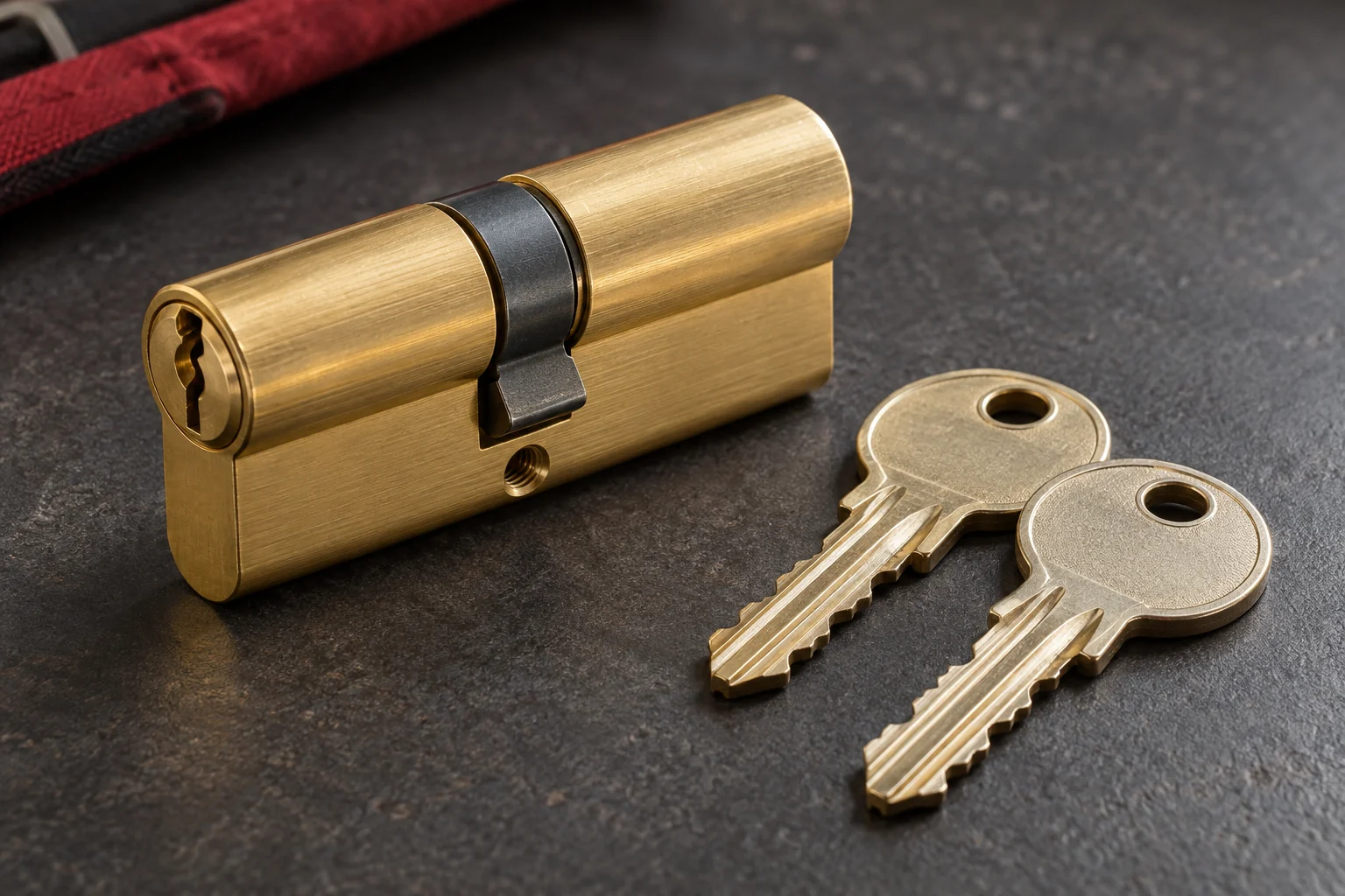 Brass replacement lock cylinder and two keys on a grey work surface