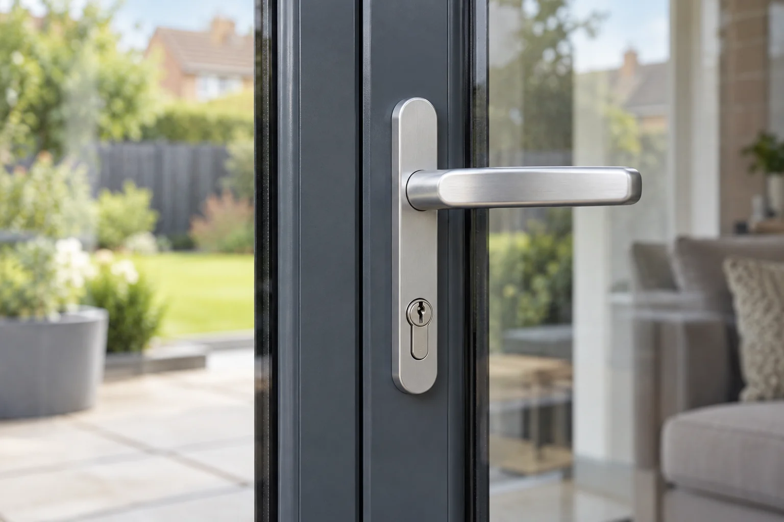 Silver handle and cylinder on an anthracite uPVC glazed door